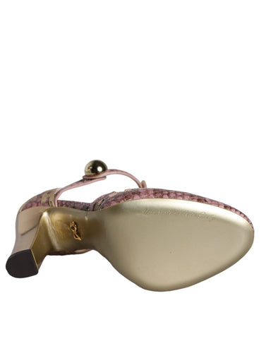 Pink gold leather T-strap pumps by Dolce & Gabbana, stylish women's sandals with elegant design and comfortable fit.