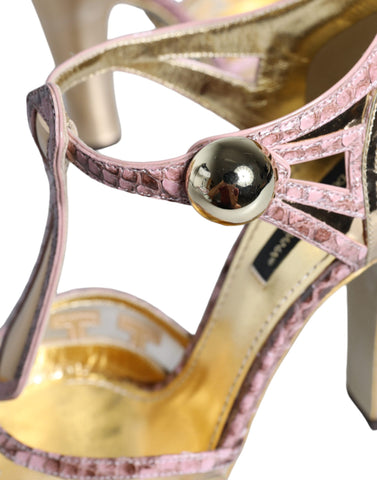 Pink gold leather T-strap pumps by Dolce & Gabbana, stylish women's shoes with elegant design and high-quality finish.