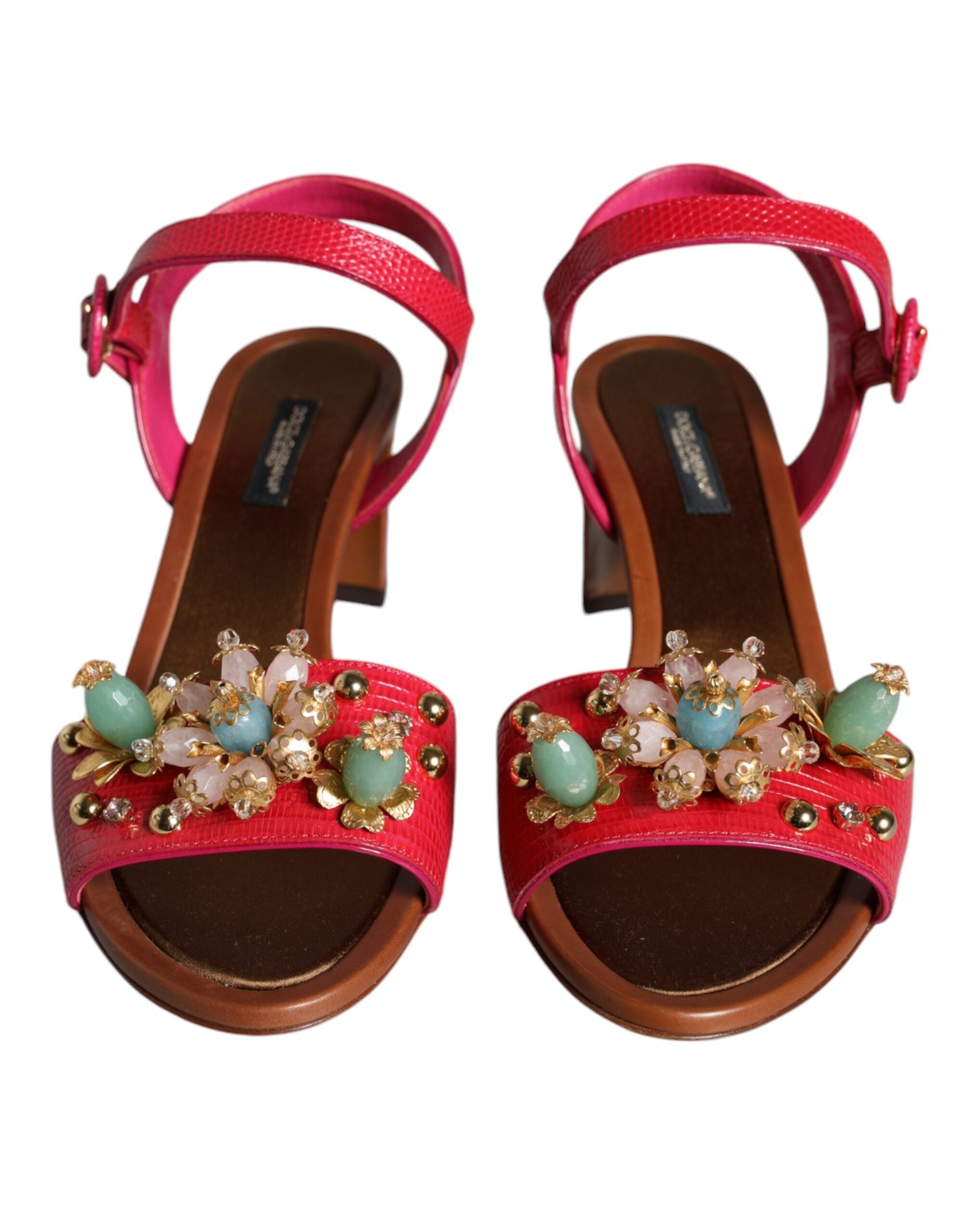 Fuchsia leather Keira sandals by Dolce & Gabbana with embellished detailing, open-toe design, and ankle strap.