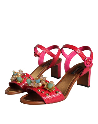 Fuchsia leather Keira sandals with embellished details from Dolce & Gabbana, featuring open toes and ankle straps.