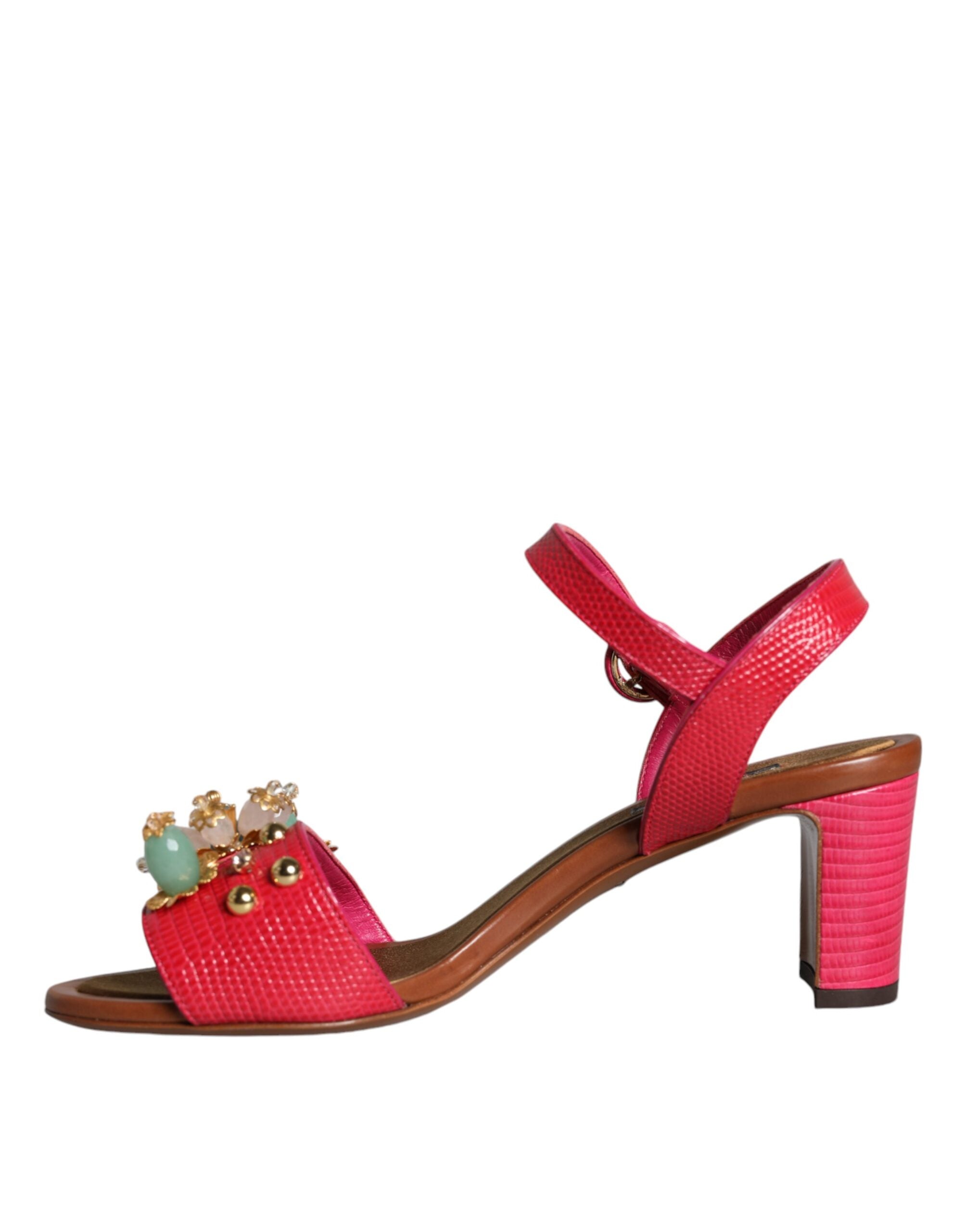 Fuchsia leather Keira sandals by Dolce & Gabbana with embellished details and open toe design.