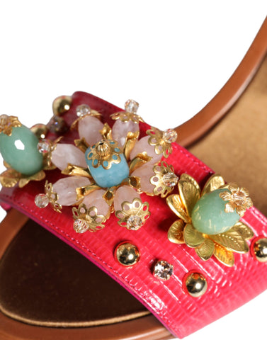 Fuchsia leather Keira sandals by Dolce & Gabbana with embellished detailing, open-toe design, and ankle strap.