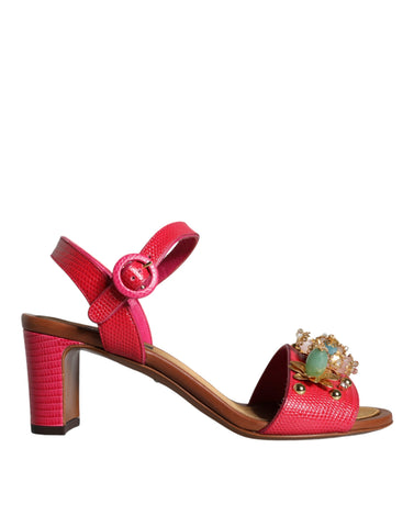 Fuchsia leather Keira sandals by Dolce & Gabbana with embellishments, open-toe design, and ankle strap detail.
