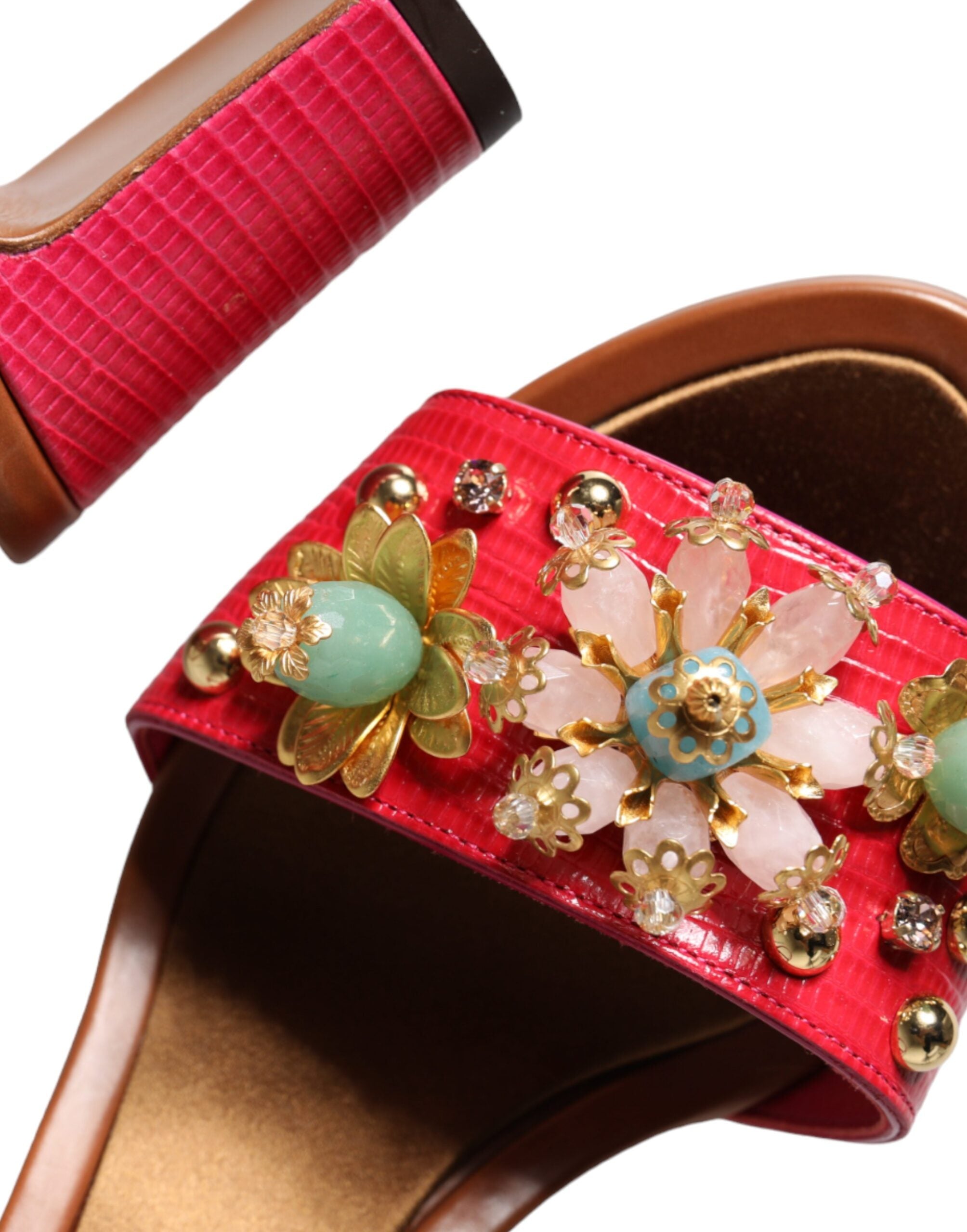 Fuchsia leather Keira sandals by Dolce & Gabbana with embellished details and open-toe design.