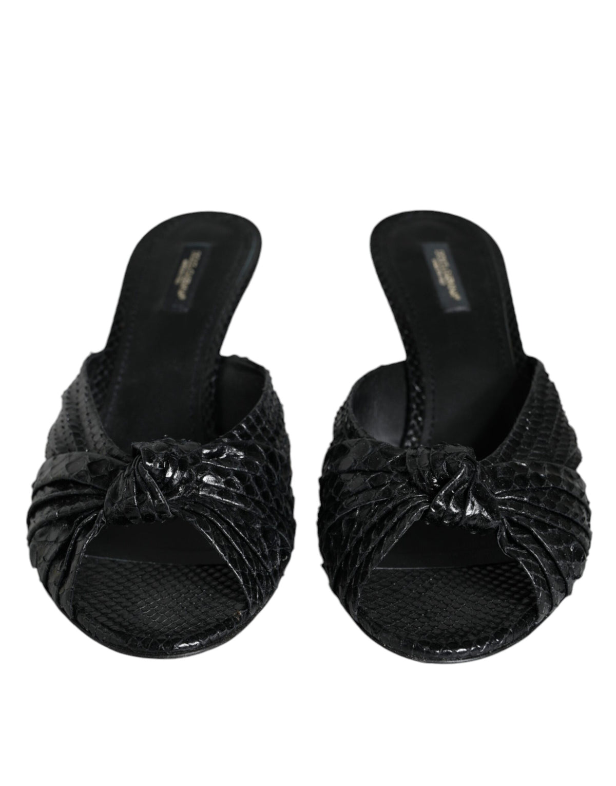 Black leather Dolce & Gabbana slide sandals with open toes and slip-on design, perfect for stylish summer footwear.