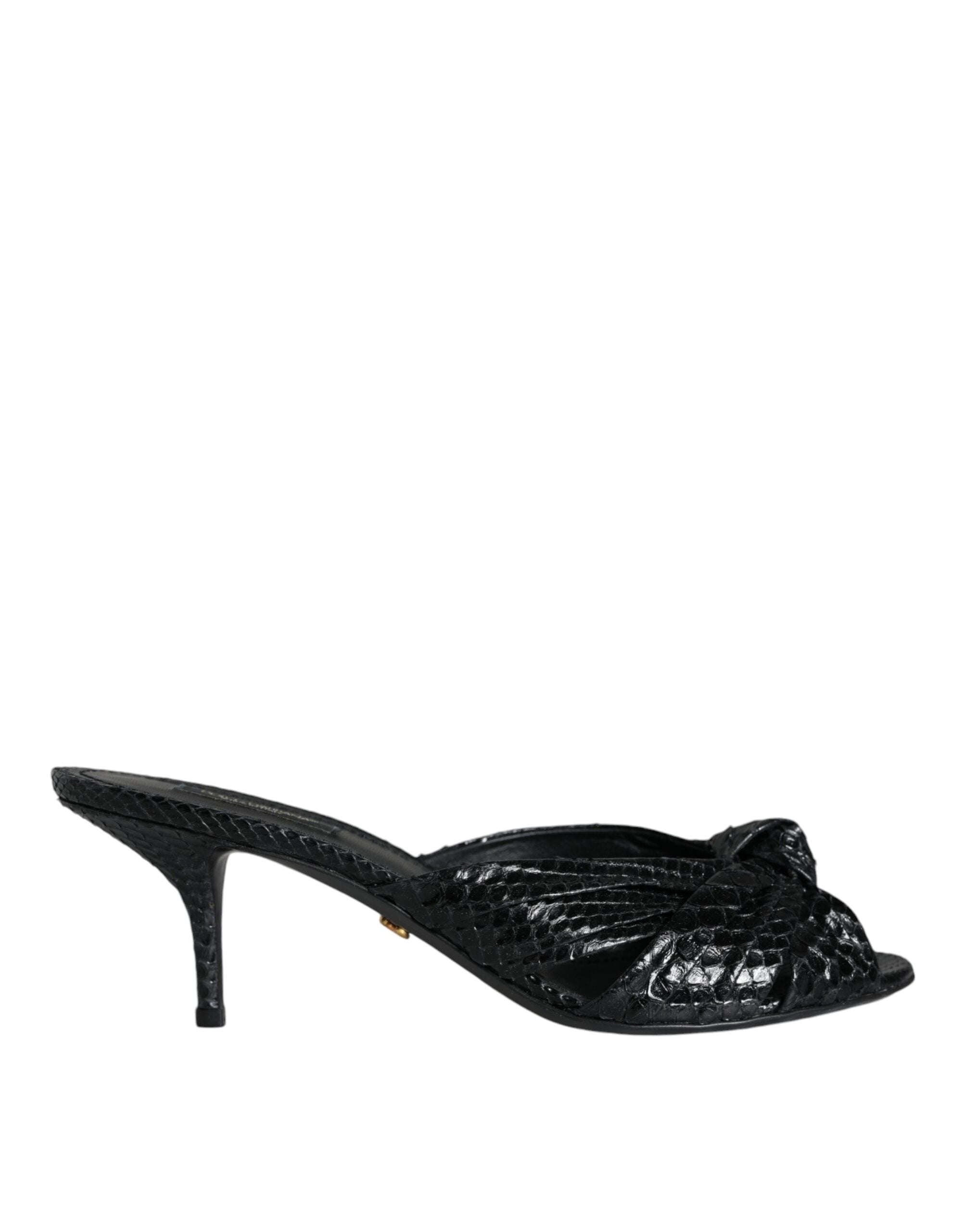Black leather slide sandals with open toes and block heels from Dolce & Gabbana, stylish and comfortable for casual wear.