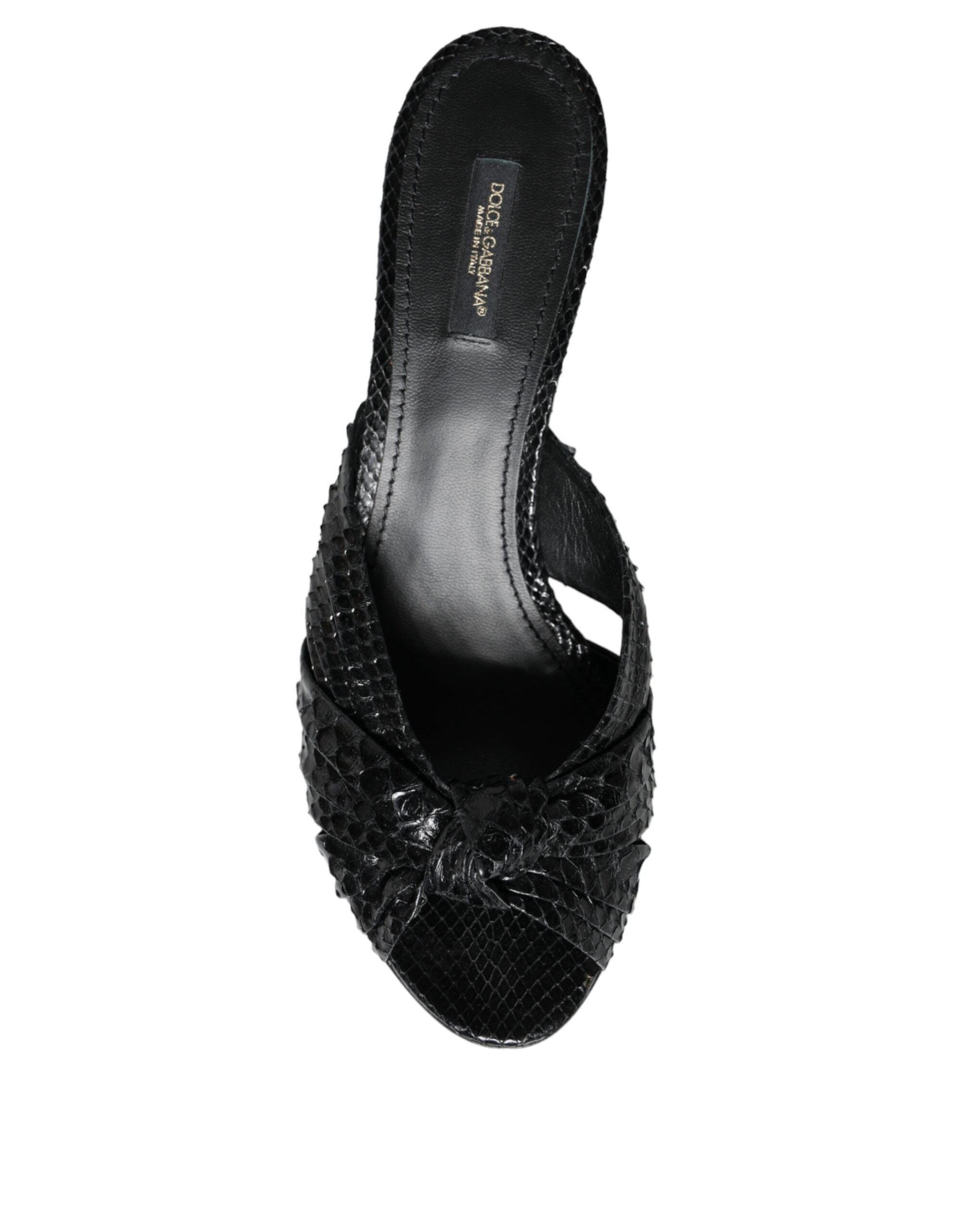 Black leather Dolce & Gabbana slide sandals with open toes and chunky heels, stylish footwear for casual or formal wear.