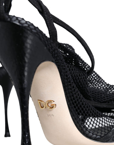 Black mesh stiletto heels sandals by Dolce & Gabbana featuring open toes and slim high heels, stylish and elegant footwear.