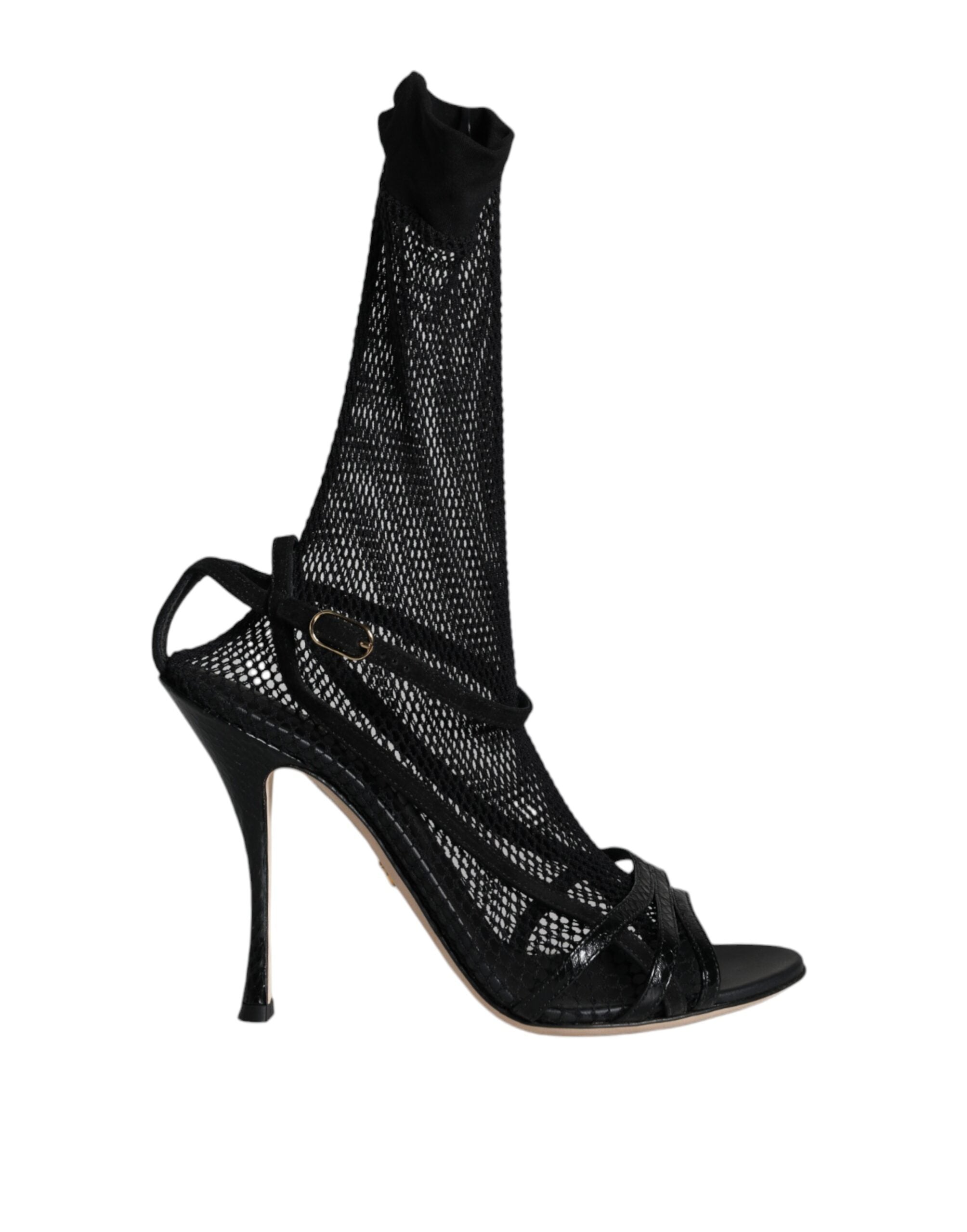 Black mesh stiletto heel sandals by Dolce & Gabbana, featuring open toes and sleek design, shown on a white background.