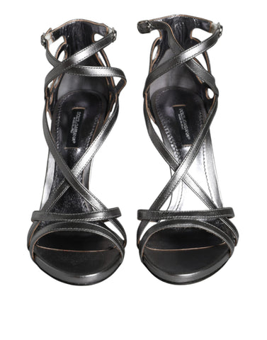 Silver Keira leather sandals by Dolce & Gabbana with open toe design and ankle strap, stylish for summer wear.