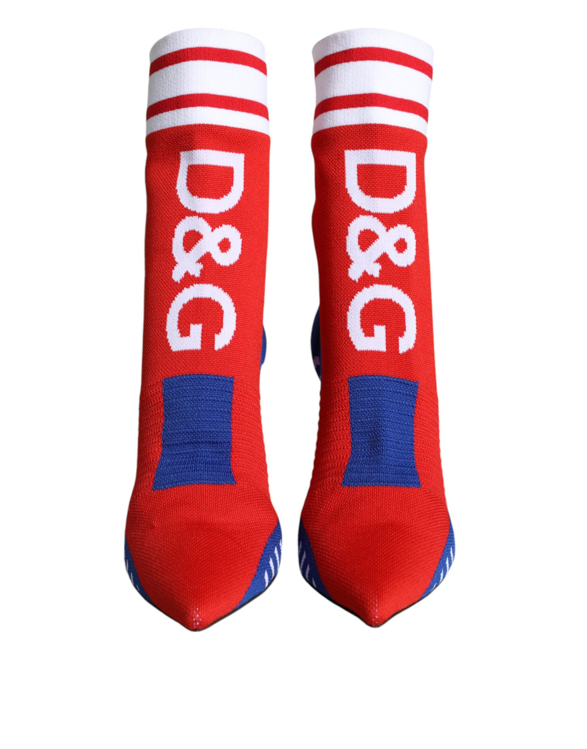 Dolce & Gabbana red and blue stretch sock ankle boots with logo detail, stylish and fitted for a modern look.
