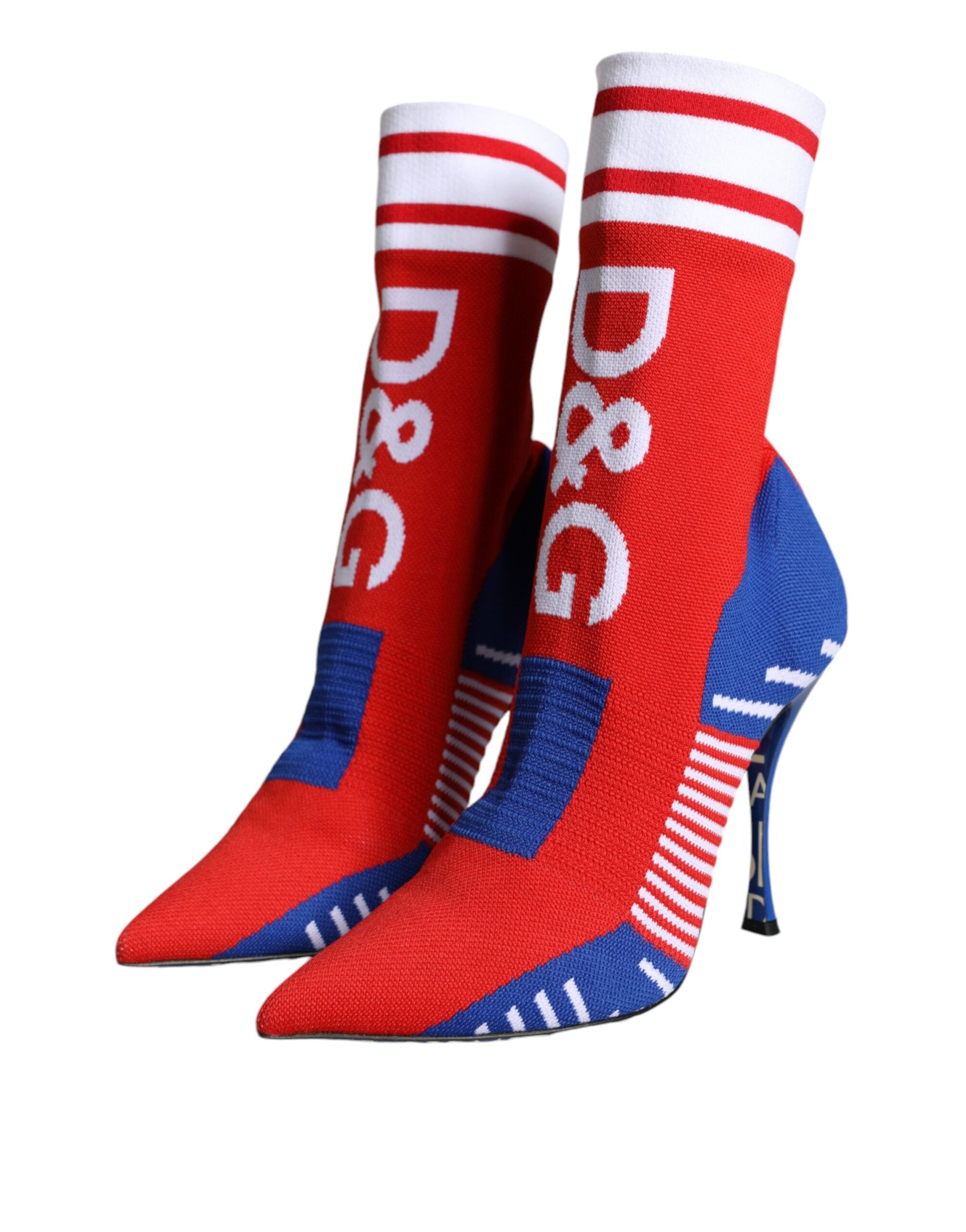 Red and blue stretch sock-style ankle boots with logo detail from Dolce & Gabbana, showcasing a sleek, modern footwear design.