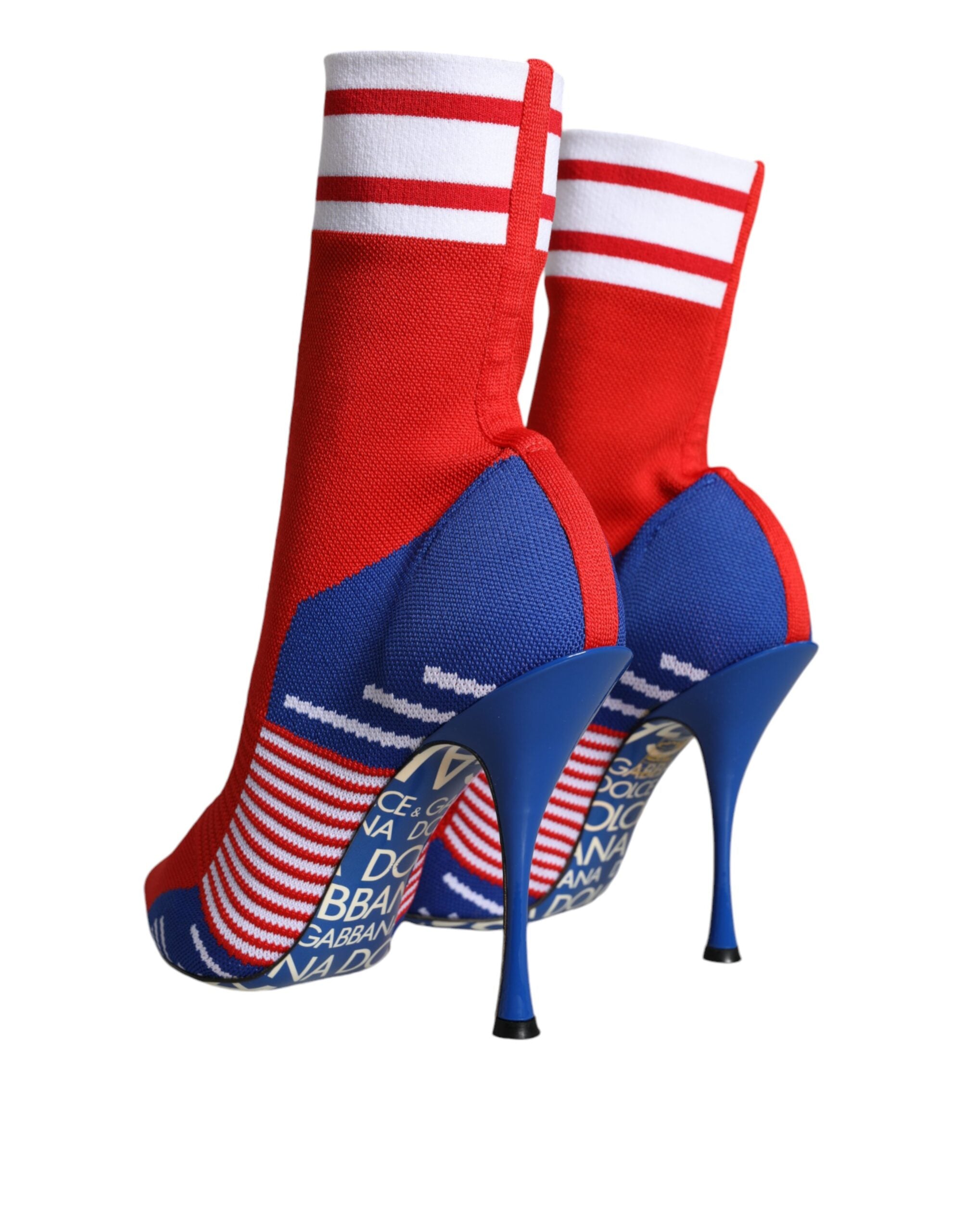 Dolce & Gabbana red and blue stretch sock-style ankle boots with logo design, featuring a sleek, fitted silhouette.