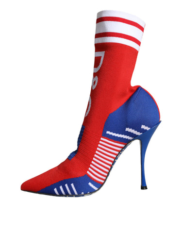 Dolce & Gabbana red and blue stretch sock style ankle boots with logo design, showcasing a sleek, modern footwear style.