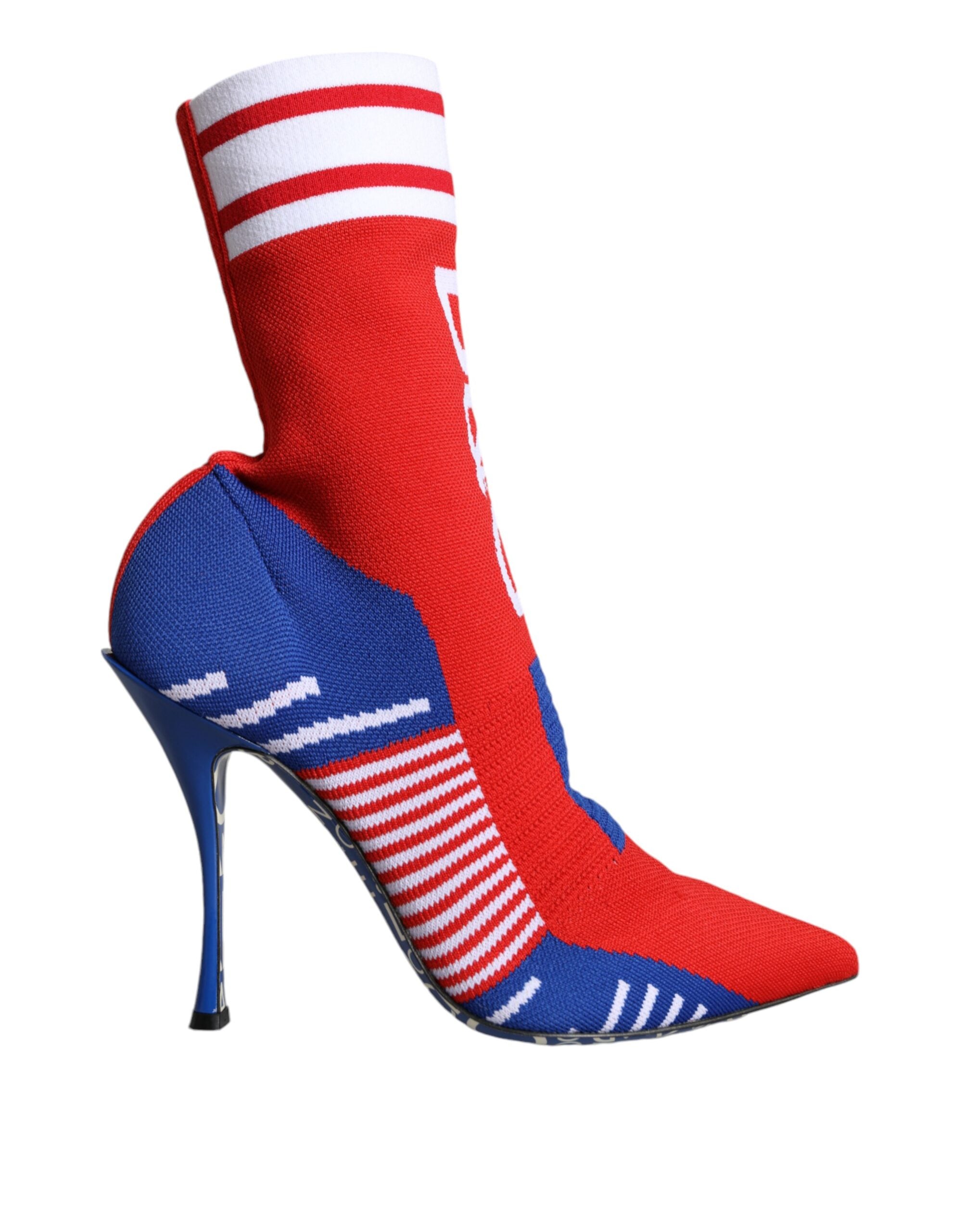Dolce & Gabbana red and blue stretch sock style ankle boots with logo design, featuring a sleek, fitted look and stylish ankle height.