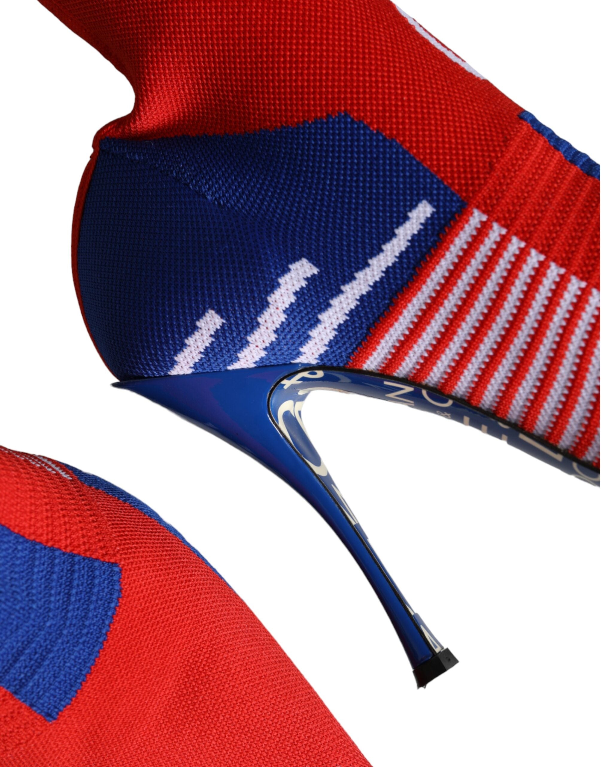 Dolce & Gabbana red and blue stretch sock ankle boots with logo details, stylish and form-fitting footwear.