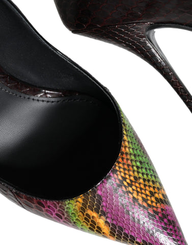 Dolce & Gabbana multicolor exotic leather high heels, stylish pumps with vibrant pattern, on a white background.
