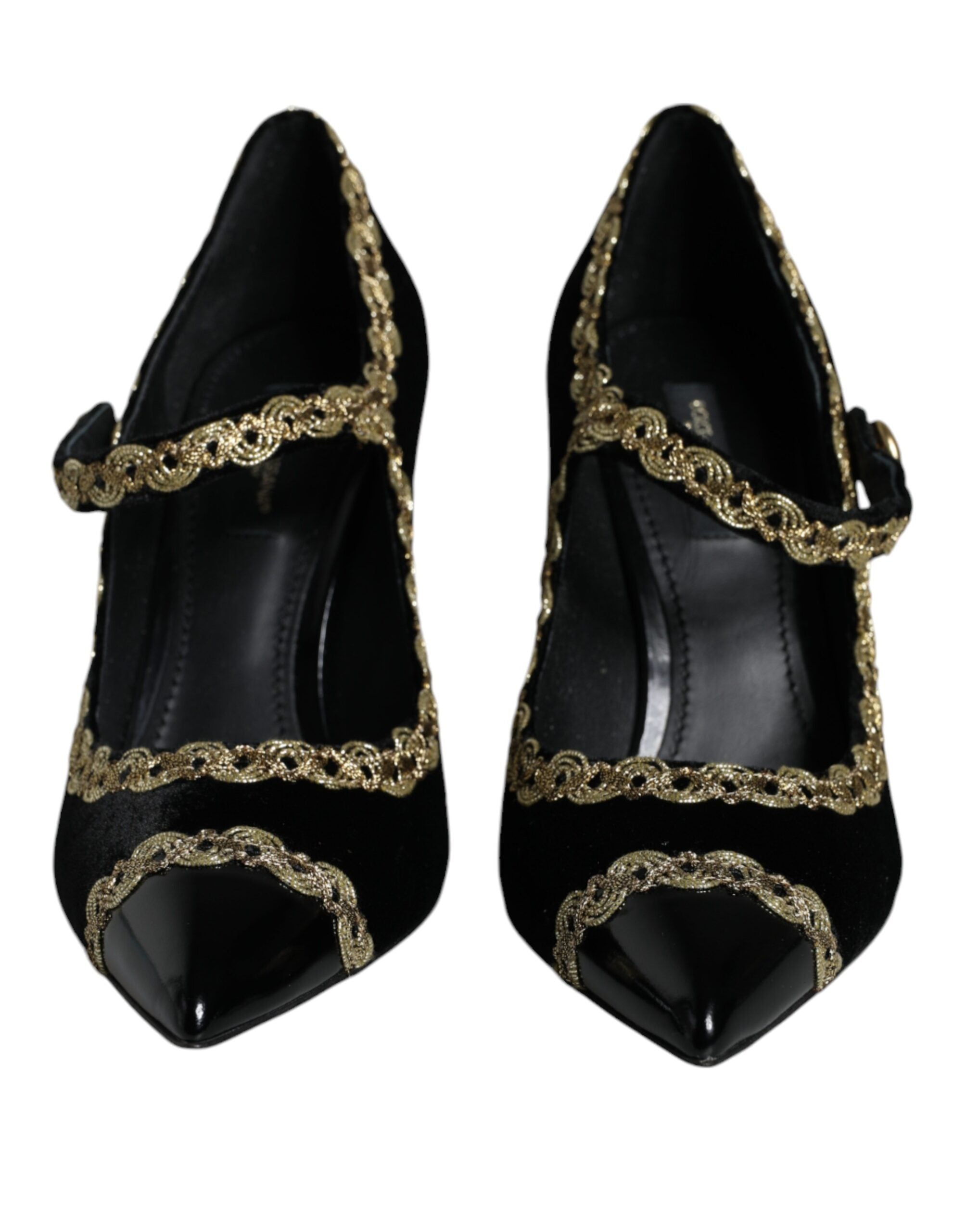 Black velvet Mary Jane pumps with gold accents from Dolce & Gabbana, featuring a classic strap and elegant design.
