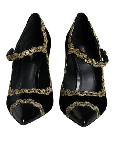Black velvet Mary Jane pumps with gold accents from Dolce & Gabbana, featuring a classic strap and elegant design.