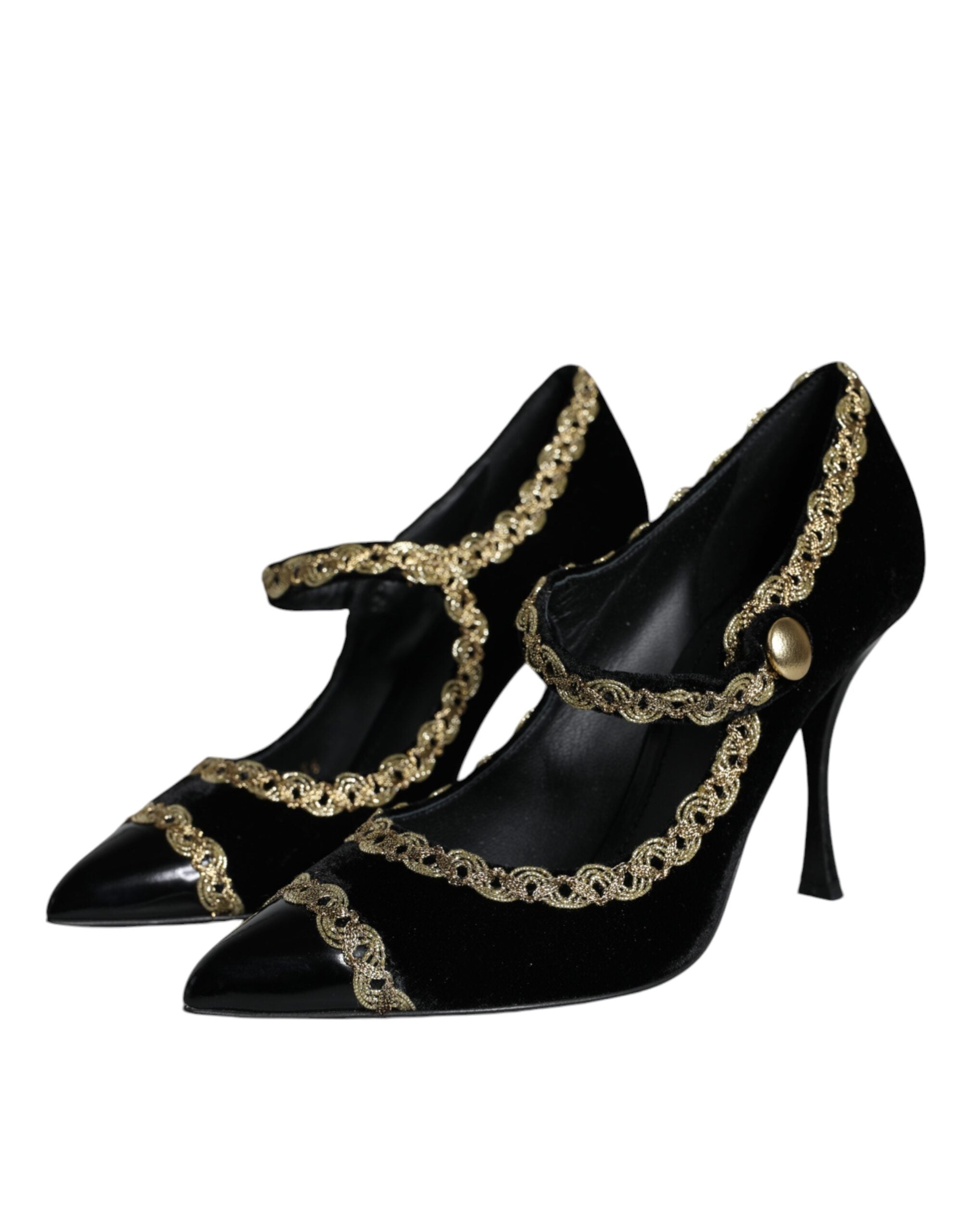 Black velvet Mary Jane pumps with gold accents from Dolce & Gabbana, featuring classic strap design and elegant, stylish detailing.