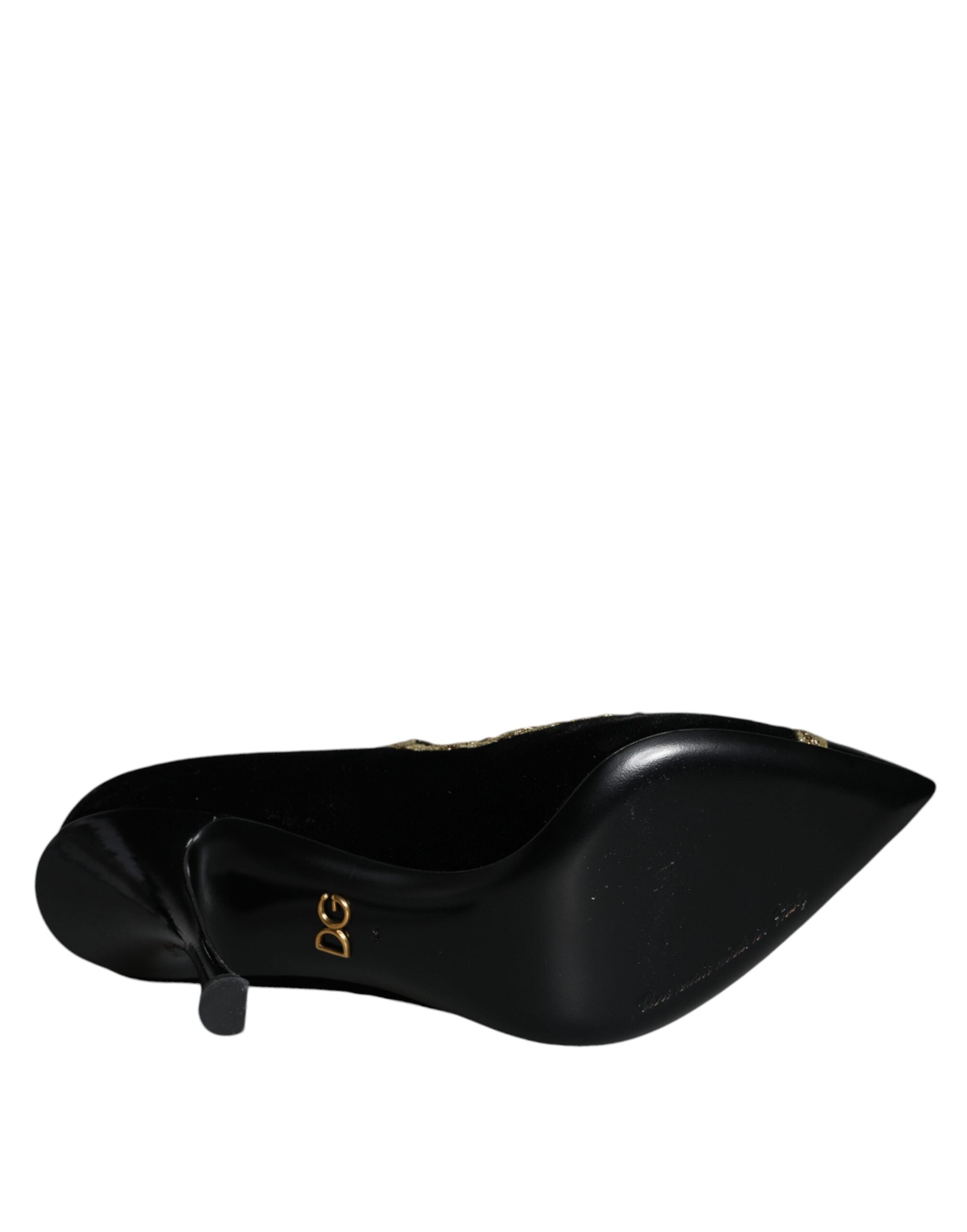 Black velvet Mary Jane shoes with gold pumps accents, stylish Dolce & Gabbana footwear for a chic look.
