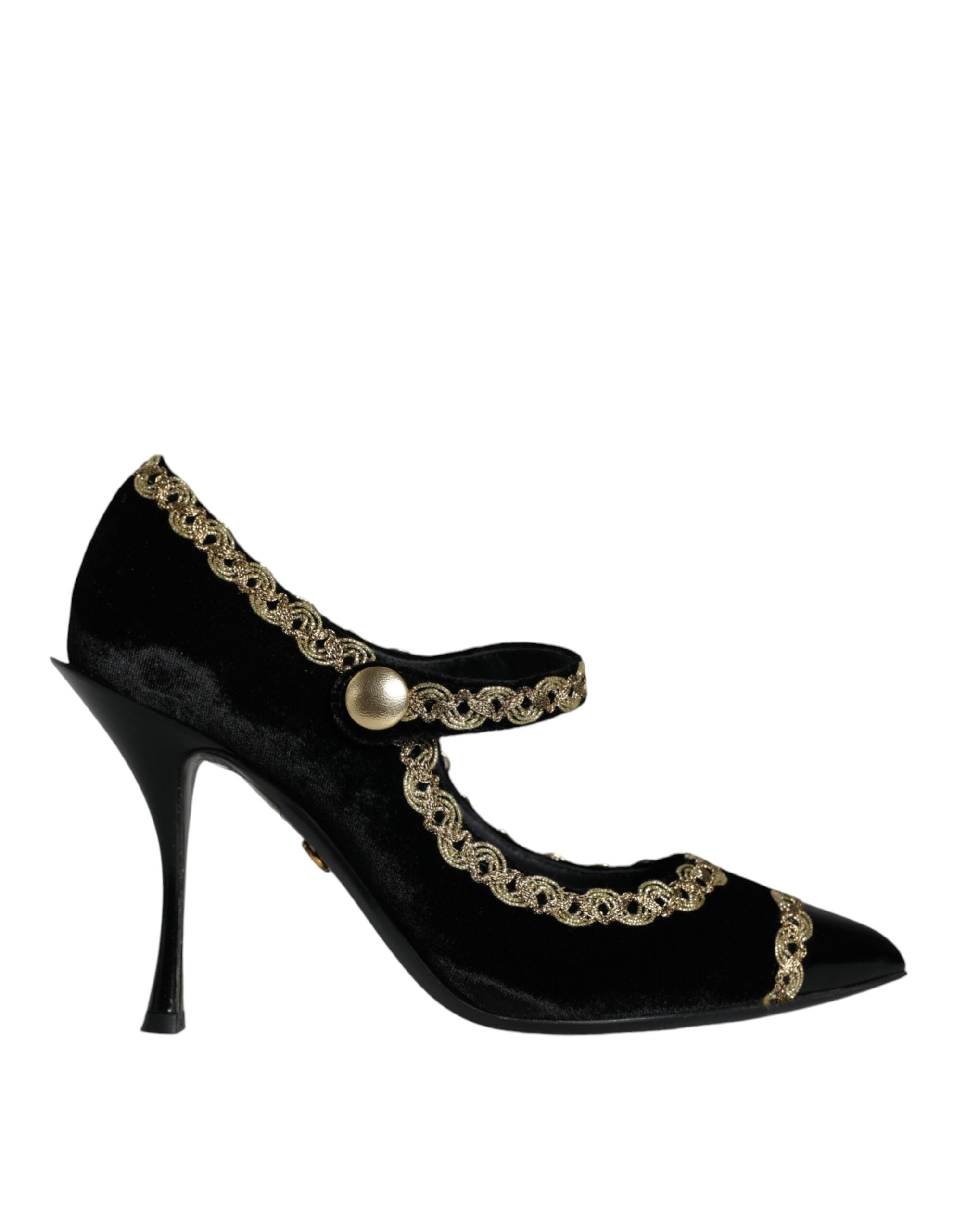 Black velvet Mary Jane shoes with gold pump accents from Dolce & Gabbana, featuring a classic strap and elegant design.