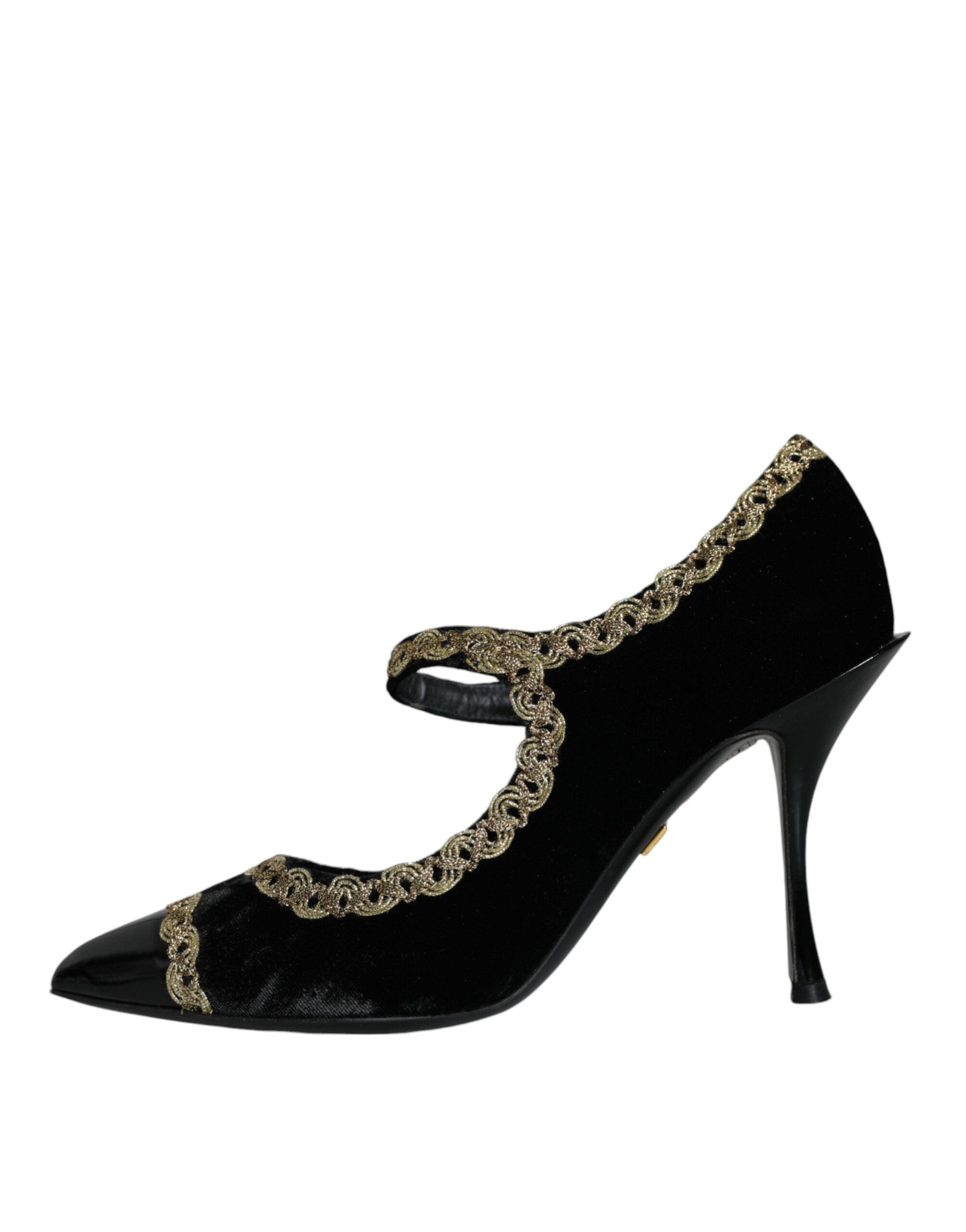 Black velvet Mary Janes with gold pumps, Dolce & Gabbana shoes featuring classic design and stylish detailing.