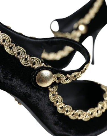 Black velvet Mary Jane pumps with gold accents from Dolce & Gabbana, featuring a classic strap and elegant design.