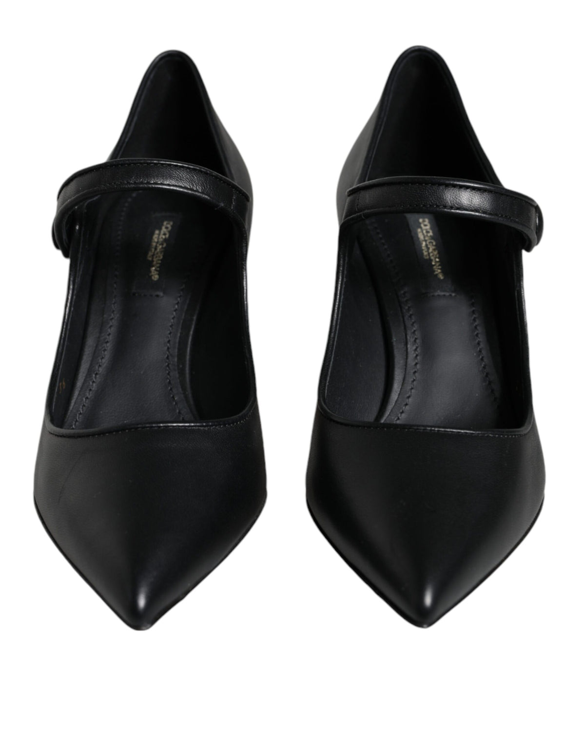 Black leather Mary Janes pumps with Dolce & Gabbana logo detailing, featuring a classic heel and elegant design.