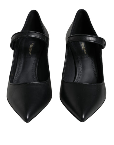 Black leather Mary Janes pumps with Dolce & Gabbana logo detailing, featuring a classic heel and elegant design.