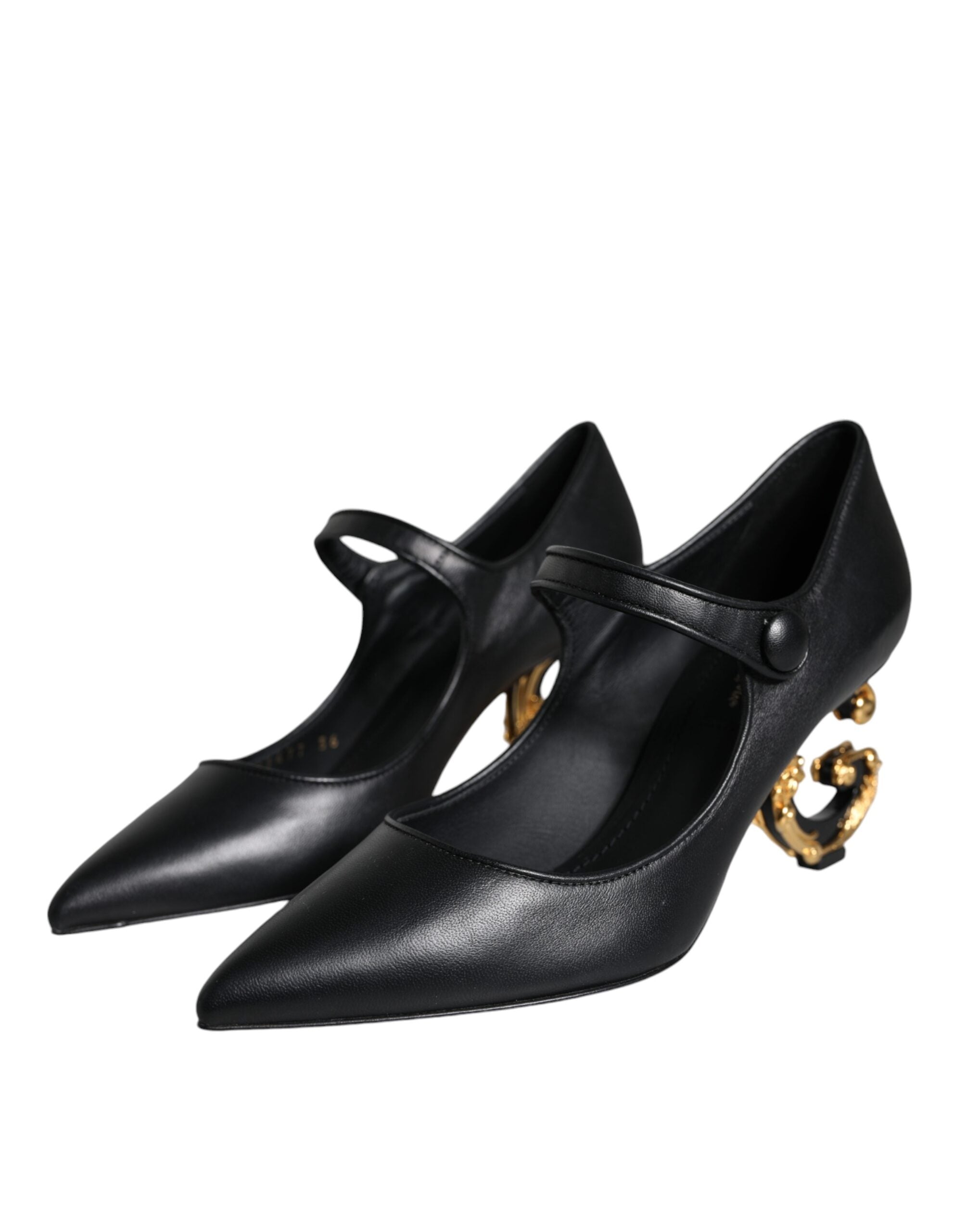 Black leather Dolce & Gabbana logo heels with Mary Jane straps and pump style, featuring a sleek and stylish design.