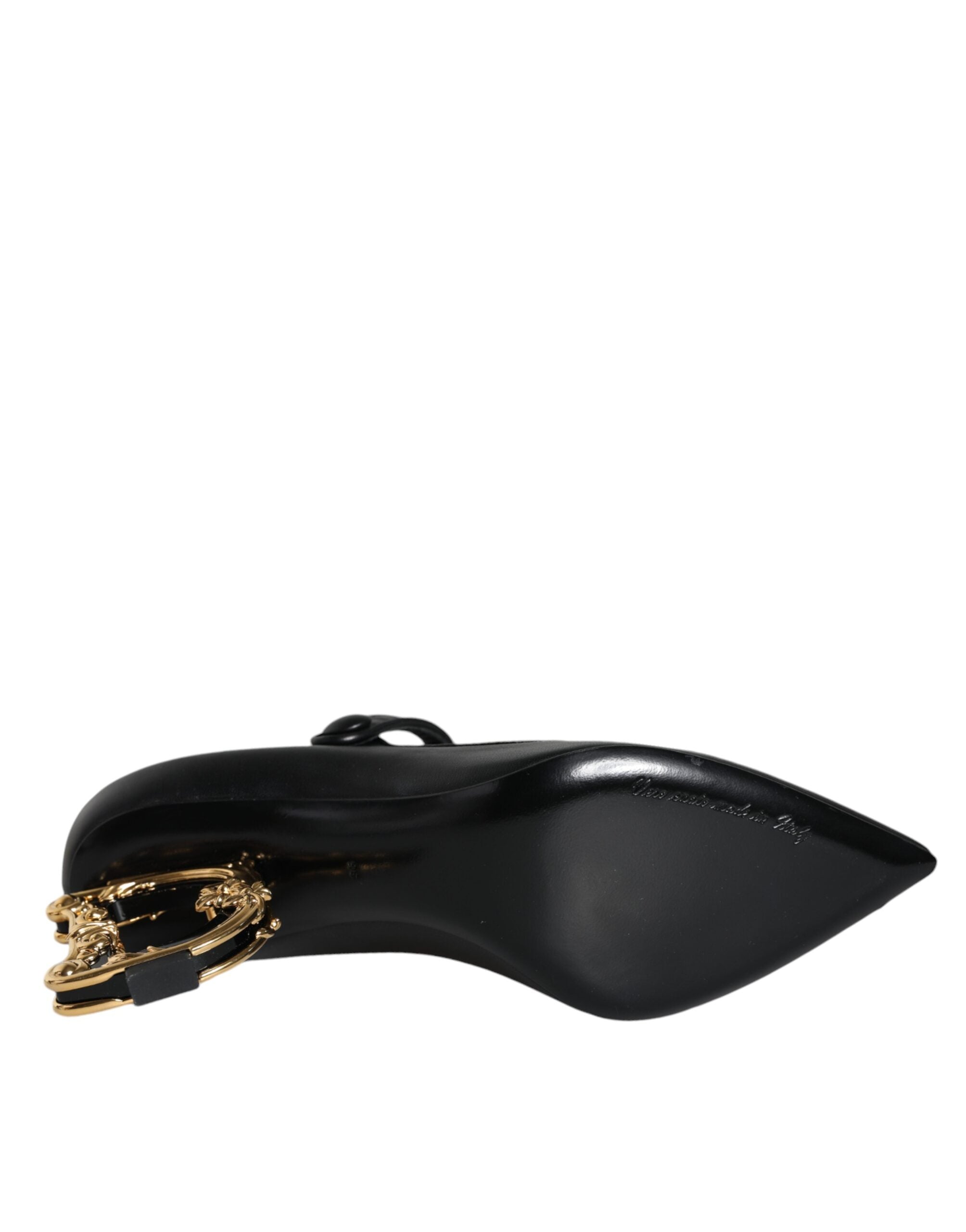 Black leather Dolce & Gabbana logo heels featuring Mary Jane pumps with a stylish strap and pointed toe design.