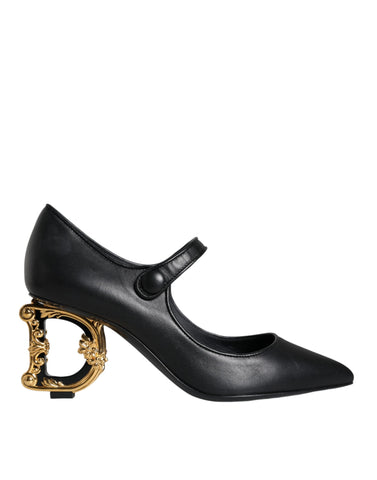 Black leather Mary Jane heels with Dolce & Gabbana logo, featuring a classic pump design and ankle strap.