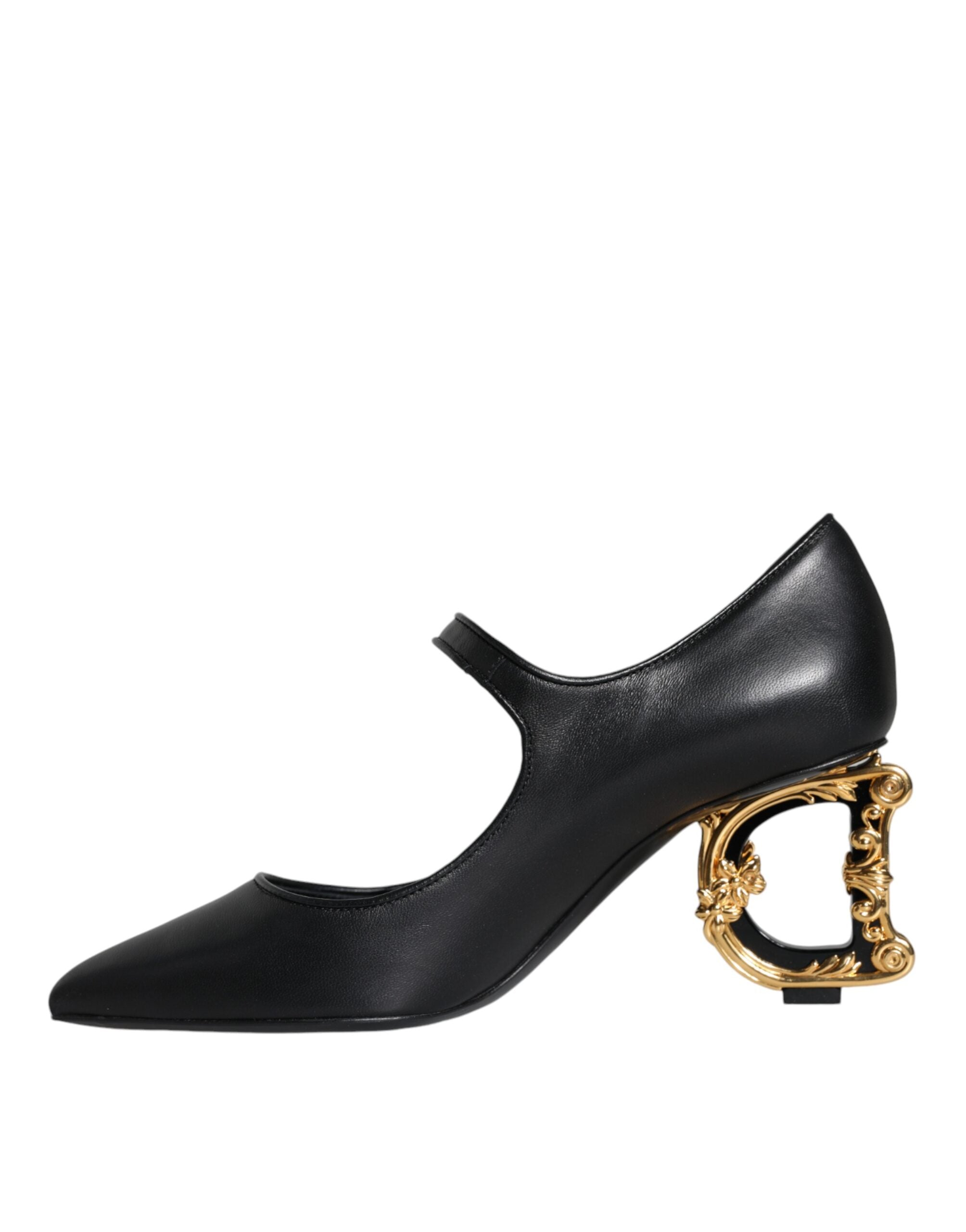 Dolce & Gabbana black leather Mary Jane heels with logo detailing, stylish pump shoes with rounded toes and ankle straps.