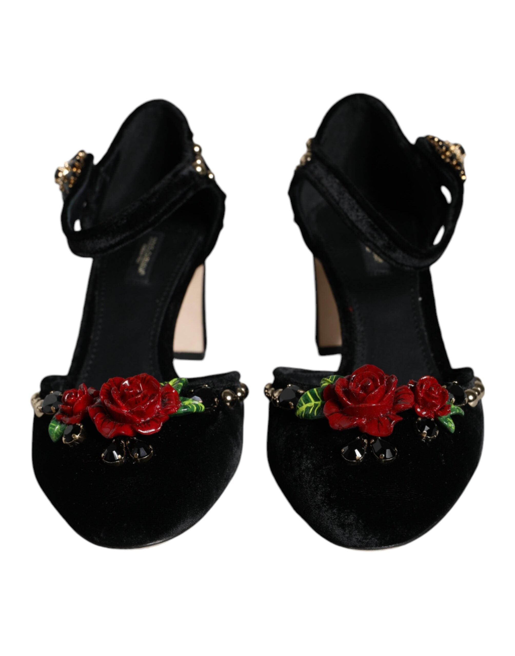 Black velvet roses ankle strap pumps shoes by Dolce & Gabbana with elegant design and stiletto heels.