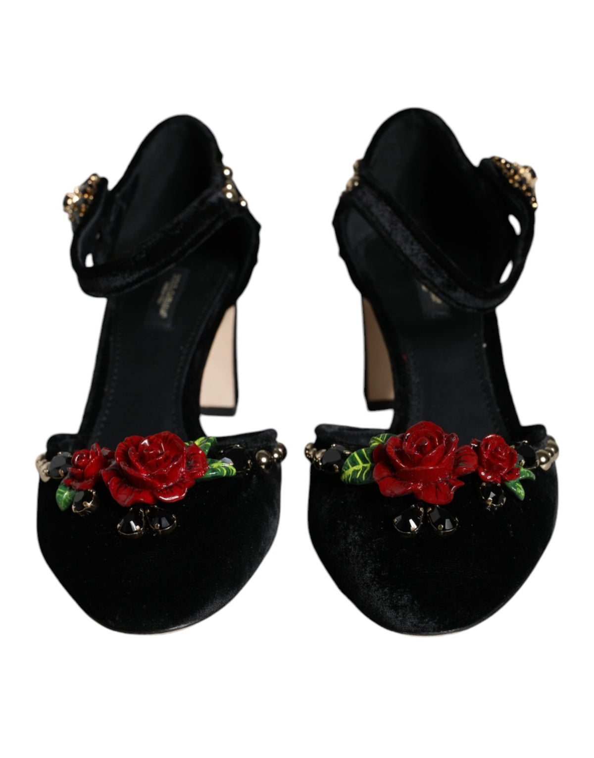 Black velvet roses ankle strap pumps shoes by Dolce & Gabbana with elegant design and stiletto heels.