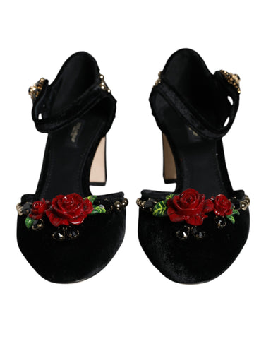 Black velvet roses ankle strap pumps shoes by Dolce & Gabbana with elegant design and stiletto heels.