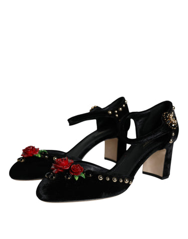 Black velvet roses ankle strap pumps shoes by Dolce & Gabbana with elegant design and floral embellishments.