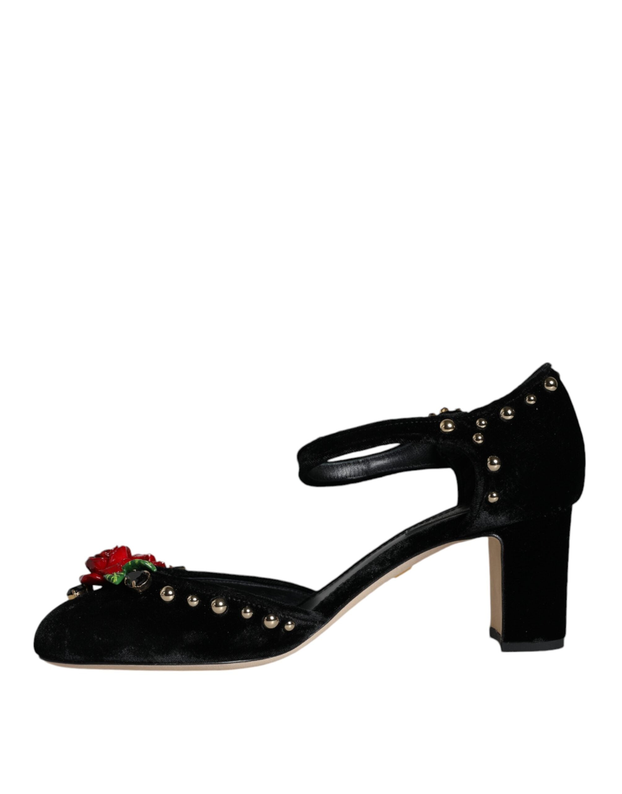 Black velvet roses ankle strap pumps shoes by Dolce & Gabbana, featuring elegant design and pointed toes.