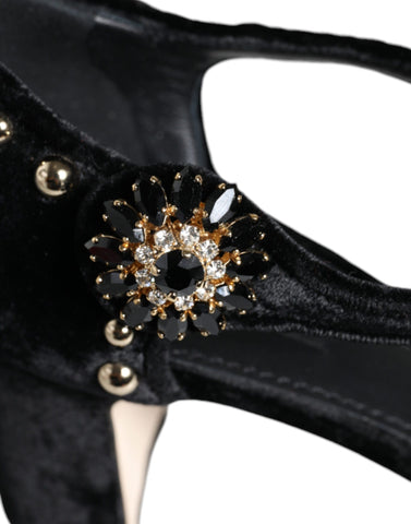 Black velvet roses ankle strap pumps shoes by Dolce & Gabbana featuring elegant design and pointed toe detail.