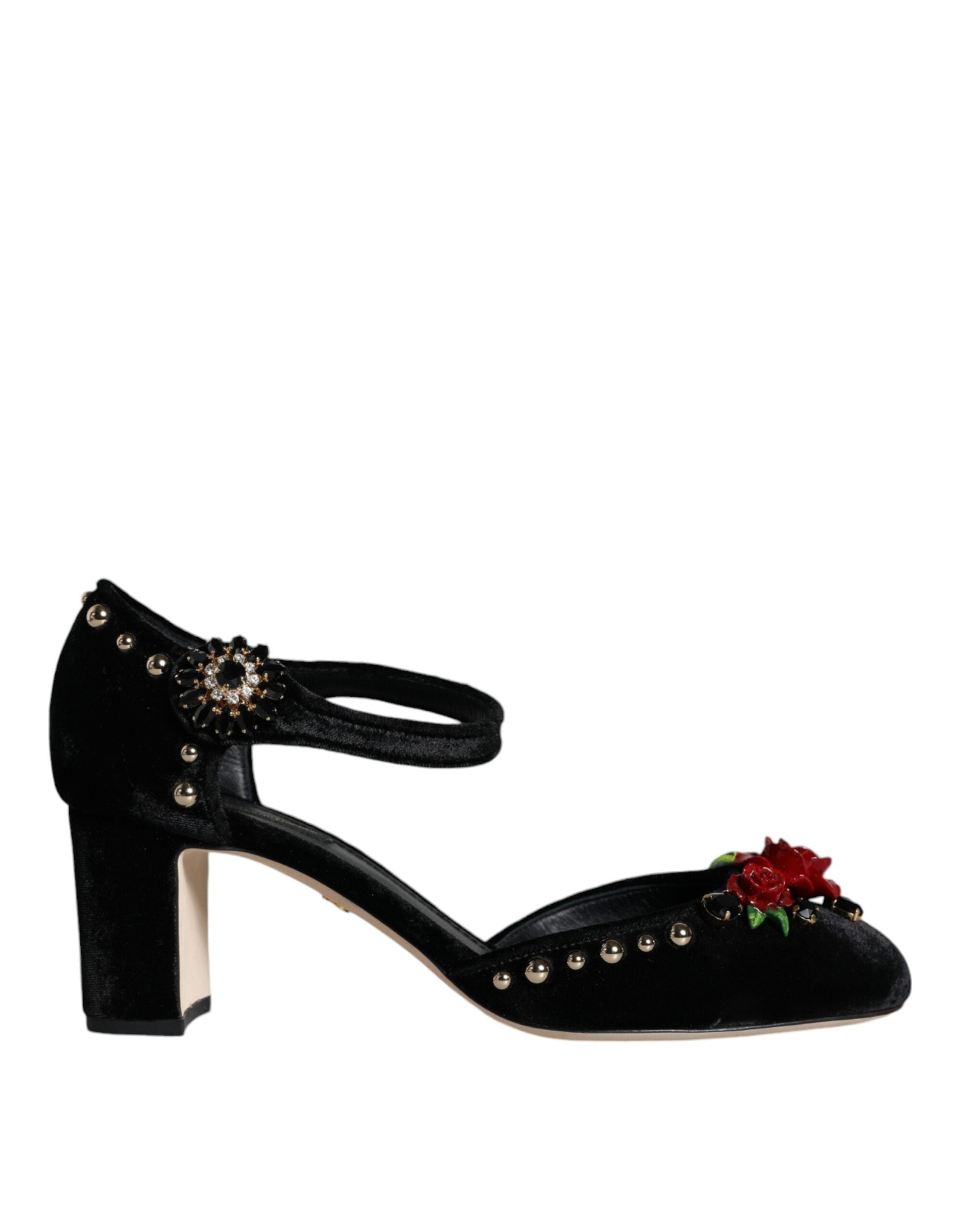 Black velvet roses ankle strap pumps shoes by Dolce & Gabbana, featuring elegant design with floral accents and ankle strap detail.