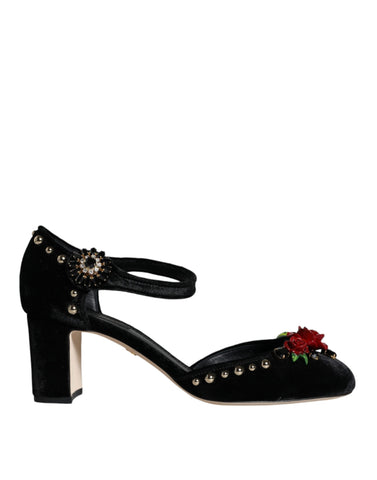 Black velvet roses ankle strap pumps shoes by Dolce & Gabbana, featuring elegant design with floral accents and ankle strap detail.