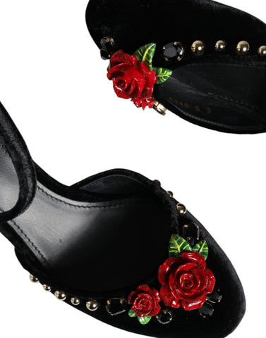 Black velvet roses ankle strap pumps shoes by Dolce & Gabbana, featuring elegant design and floral detailing on the heels.