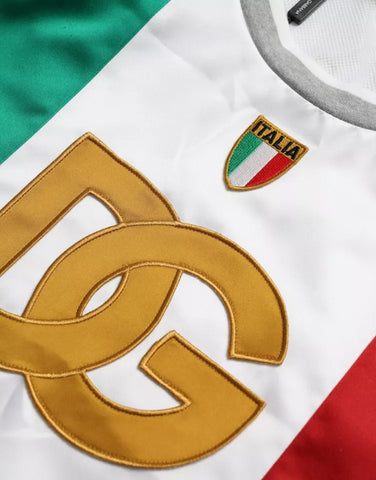 White sleeveless top with green Italian flag design, Dolce & Gabbana basket T-shirt, casual Italian-themed fashion.