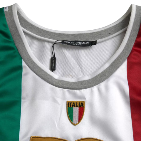 White sleeveless top with Italian flag basket design by Dolce & Gabbana, showcasing a stylish, casual T-shirt with vibrant colors.