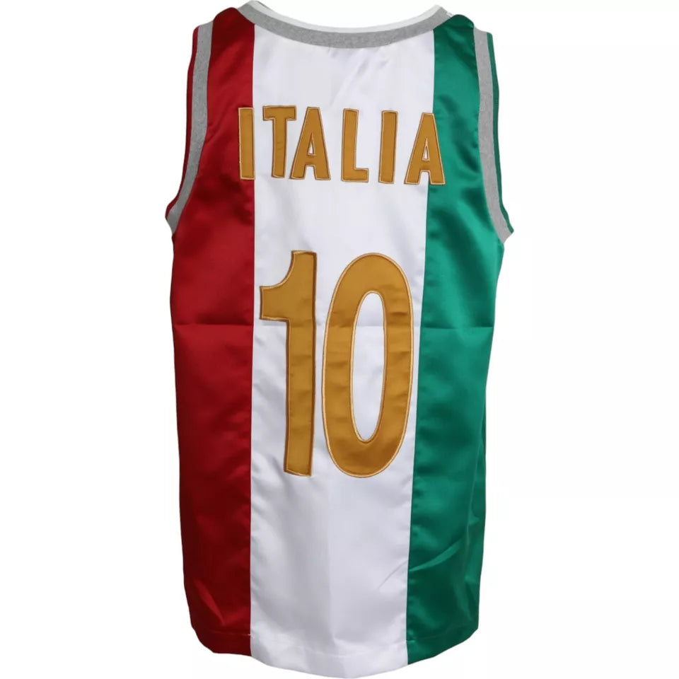 White sleeveless top by Dolce & Gabbana featuring Italian flag basket design and green accents, casual fashion T-shirt.