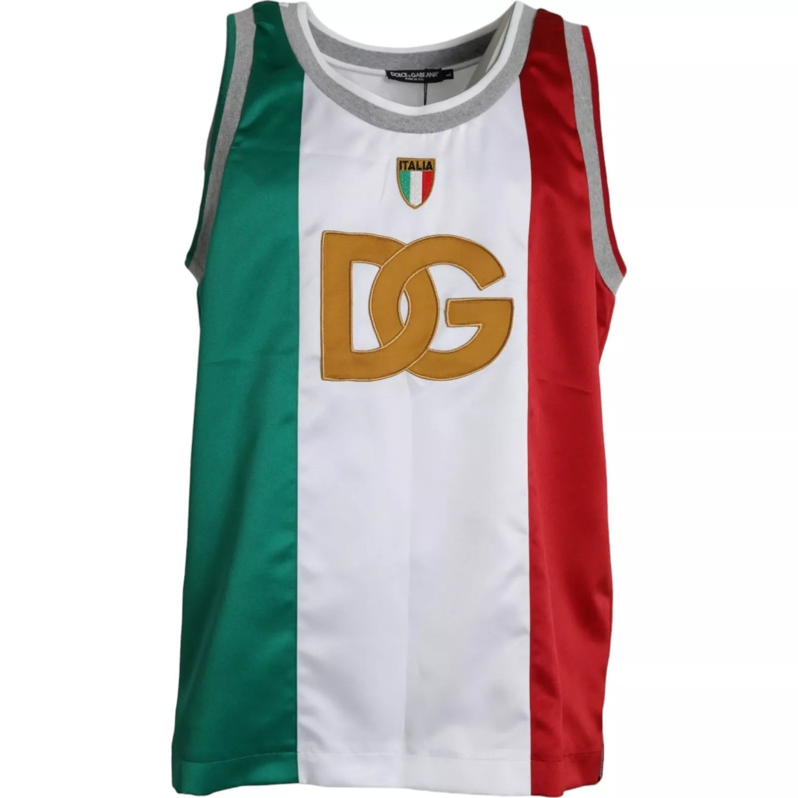 White sleeveless top with green Italian flag design, Dolce & Gabbana basket T-shirt, casual summer fashion.