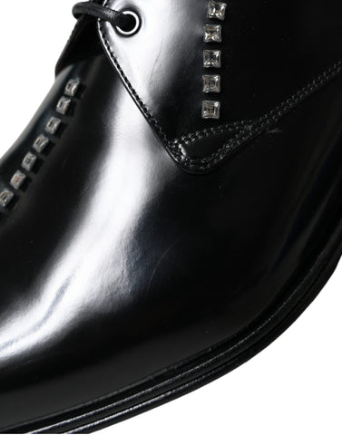 Black leather crystal dress formal shoes by Dolce & Gabbana, featuring elegant design and sparkling crystal accents.