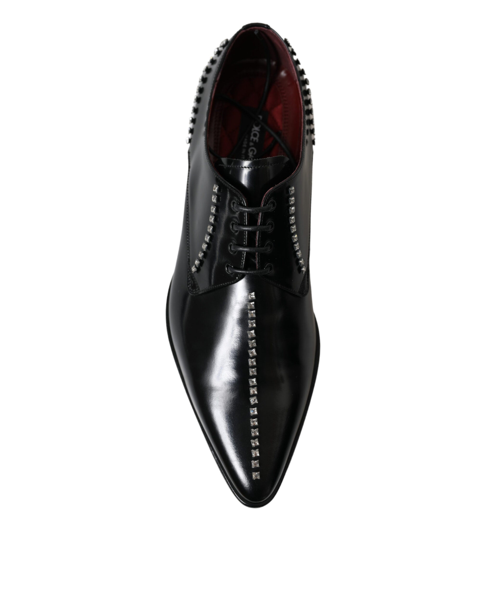 Black leather crystal dress shoes by Dolce & Gabbana, formal footwear with elegant detailing and sleek design.