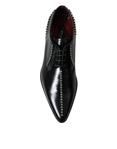 Black leather crystal dress shoes by Dolce & Gabbana, formal footwear with elegant detailing and sleek design.